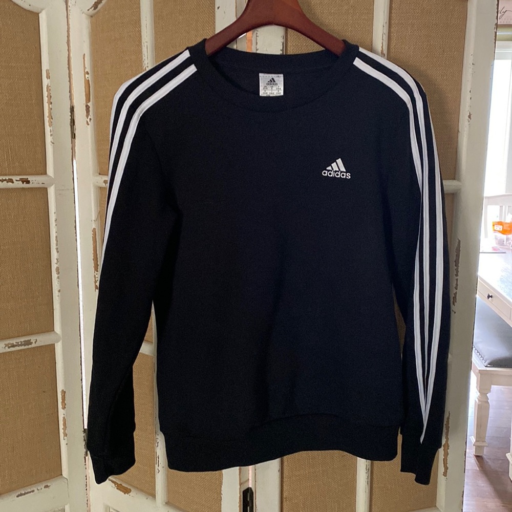 Adidas sweatshirt black with three white stripes on each arm
